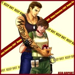  1boy asia_airport billy_coen blue_eyes brown_hair bulletproof_vest capcom caution_tape choker commentary_request couple cuffs dog_tags female fingerless_gloves gift gloves handcuffs height_difference hug hug_from_behind keep_out lowres rebecca_chambers resident_evil resident_evil_0 short_hair straight tank_top tattoo 