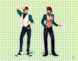  2boys arm_garter brown_eyes brown_hair cabbie_hat commentary_request cosplay costume_switch crossover facial_hair godot_(ace_attorney) godot_(ace_attorney)_(cosplay) grin gyakuten_saiban hand_in_pocket hand_on_headwear hat kaburagi_t._kotetsu kaburagi_t._kotetsu_(cosplay) look-alike male_focus mask multiple_boys necktie outline phoenix_wright:_ace_attorney_-_trials_and_tribulations smile socks stacy_navka stubble teeth tiger_&amp;_bunny vest visor waistcoat watch white_hair white_legwear wristwatch 