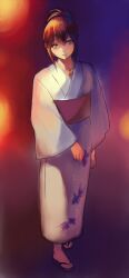  alternate_costume alternate_hairstyle bad_id bad_pixiv_id brown_hair female inuzuka_bouru japanese_clothes kimono makise_kurisu purple_eyes short_hair solo steins;gate yukata 