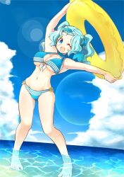  ;d alternate_hairstyle armpits arms_up bad_id bad_pixiv_id barefoot bikini blue_eyes blue_hair breasts cleavage cloud day female front-tie_top groin happy innertube kumoi_ichirin large_breasts lens_flare long_hair naka_akira navel o-ring o-ring_bottom one_eye_closed open_mouth shallow_water sky smile solo strap_gap swim_ring swimsuit touhou twintails underboob wading water wet 