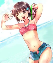  ;d armpits arms_up bandeau bikini blue_shorts brown_eyes brown_hair commentary_request denim denim_shorts dutch_angle female hair_ornament hairclip hakka0320 halterneck navel ocean one_eye_closed open_fly open_mouth seto_no_hanayome shorts smile solo strapless swimsuit tube_top unbuttoned unzipped v wading water wet zenigata_mawari 