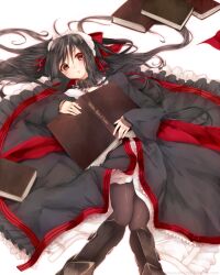  :o bad_id bad_pixiv_id banned_artist black_hair black_legwear blush book boots collar dalian dantalian_no_shoka dress headdress kyara36 long_hair lying on_back pantyhose red_eyes simple_background solo very_long_hair 