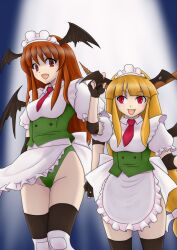  2girls :d alternate_costume apron bat_wings black_thighhighs borrowed_design chikado commentary_request cosplay fingerless_gloves gloves green_leotard head_wings highres horn_ornament horn_ribbon horns ibuki_suika koakuma koakuma_(cosplay) leotard long_hair maid_headdress multiple_girls necktie oerba_yun_fang open_mouth orange_hair red_eyes red_hair red_necktie ribbon smile thighhighs touhou touhou_tag_dream wings wrestling_outfit 