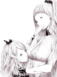  2girls alice_blanche blunt_bangs bow camille_blanche dress folded_fan folding_fan greyscale hairbow hand_fan ikoku_meiro_no_croisee long_hair monochrome multiple_girls ponytail scrunchie siblings simple_background sisters sousou_(sousouworks) 