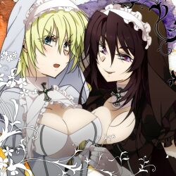  2girls bad_id bad_pixiv_id black_hair blonde_hair blush breasts cleavage cleavage_cutout clothing_cutout cross glasses habit heinkel_wolfe hellsing large_breasts long_hair misaka_(missa) multiple_girls nun open_mouth purple_eyes sweatdrop takagi_yumie unworn_eyewear 