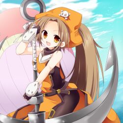  anchor bad_id bad_pixiv_id bare_shoulders brown_eyes brown_hair commentary_request female fingerless_gloves gloves guilty_gear hat long_hair may_(guilty_gear) oerba_yun_fang open_mouth orange_hat orange_shirt pantyhose pirate_hat ponytail shirt solo yukimiya_(parupunta) 