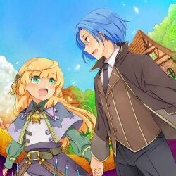  1boy blonde_hair blue_hair commentary_request day female glasses green_eyes holding_hands house jacket jewelry kiharatta kyto_berman necklace necktie noora_brandor noora_to_toki_no_koubou outdoors shawl sky tree vest vial 