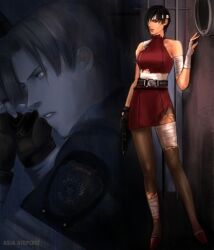  ada_wong asia_airport bandage bandages belt black_gloves black_hair blue_eyes brown_hair china_dress chinadress chinese_clothes dress eyepatch female fingerless_gloves gloves gun leon_s_kennedy male pantyhose police police_uniform resident_evil resident_evil_2 short_hair torn_clothes uniform weapon 