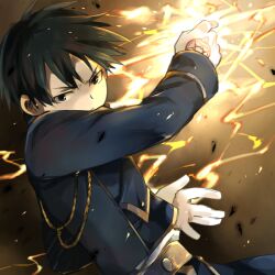  1boy amestris_military_uniform bad_id bad_pixiv_id black_hair fullmetal_alchemist gloves male_focus military military_uniform roy_mustang solo uniform yellow_eyes yuzudaze 