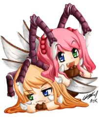  2girls atk402 blue_eyes green_eyes heterochromia lowres multiple_girls oerba_yun_fang orange_hair pantyhose personification pink_hair starcraft zerg_(starcraft) zergling 