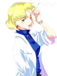  akagi_ritsuko blonde_hair cigarette commentary_request earrings female green_eyes jewelry lab_coat mole mole_under_eye neon_genesis_evangelion one_eye_closed ririclub short_hair solo watch 