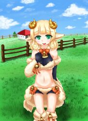  animal_ears blush fanart fence fur green_eyes horns mamono_girl_lover midriff monster_girl monster_girl_encyclopdia monster_girl_encyclopedia monster_girl_profile sheep smile weresheep wool 