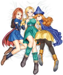  3girls alena_(dq4) ass backpack bag barbara_(dq6) bed_sheet belt bianca_(dq5) black_pantyhose black_socks blonde_hair blue_eyes blunt_bangs blush boots braid breasts cape choker collarbone commentary_request covered_nipples curly_hair dragon_quest dragon_quest_iv dragon_quest_v dragon_quest_vi earrings elbow_gloves gloves hair_over_shoulder hand_on_own_chest high_ponytail highres jewelry large_breasts looking_back multiple_girls open_mouth orange_hair panties panties_under_pantyhose pantyhose red_eyes red_hair single_braid socks st.germain-sal top-down_bottom-up underwear 