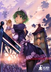  ahoge bad_id bad_pixiv_id black_pantyhose blue_eyes breasts can cloud comic_party covered_nipples evening female frills from_below green_hair leaning_forward maid maid_headdress medium_breasts ooba_eimi painttool_sai_(medium) pantyhose railing short_hair sky solo sun sunlight sunset twilight vania600 wrist_cuffs 