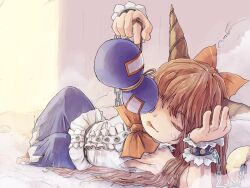  :p bottle bow citolo closed_eyes commentary_request female hairbow head_rest horns ibuki_suika lying on_side orange_hair solo tongue tongue_out touhou wrist_cuffs 