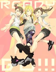  3girls :q ;q ahoge bad_id bad_pixiv_id bare_shoulders black_footwear black_shorts blonde_hair brown_hair clothing_cutout colored_eyelashes denim denim_skirt english_text foreshortening futami_ami futami_mami green_eyes hair_ribbon highres hood hood_down hoodie hoshii_miki idolmaster idolmaster_(classic) jacket leggings legs long_hair miniskirt multiple_girls one_eye_closed open_mouth outstretched_arm pointing pointing_at_viewer purple_eyes ribbon round_teeth sandals shoes short_hair short_ponytail shorts shoulder_cutout siblings side_ponytail sisters skirt sleeveless sleeveless_hoodie smile sneakers standing standing_on_one_leg star_(symbol) star_print teeth tongue tongue_out twins upper_teeth_only vest yoshito 