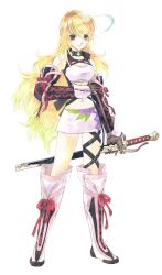  ahoge bare_shoulders blonde_hair boots choker elbow_gloves elbow_pads female gloves gradient_hair inomata_mutsumi knee_boots long_hair midriff milla_maxwell miniskirt multicolored_hair navel official_art photoshop_(medium) red_eyes scabbard sheath skirt solo strapless sword tales_of_(series) tales_of_xillia tube_top very_long_hair weapon 