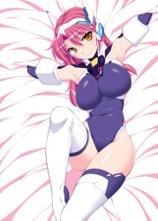  armpits arms_up bed_sheet blue_leotard blush boots breasts crueltear female large_breasts leotard long_hair nonsugar pink_hair skin_tight smile solo thigh_boots thighhighs trigger_heart_exelica white_thighhighs yellow_eyes 