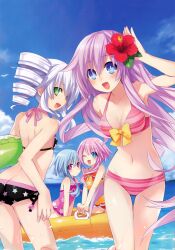  4girls :/ :d ;d ass back bare_shoulders bikini black_sister blue_eyes blue_hair blue_sky blush bow breasts butt_crack casual_one-piece_swimsuit choujigen_game_neptune_mk2 cleavage cloud collarbone day drill_hair flat_chest floral_print flower green_eyes halterneck hibiscus highres long_hair medium_breasts multiple_girls navel nepgear neptune_(series) official_art one-piece_swimsuit one_eye_closed open_mouth outdoors pink_hair power_symbol power_symbol-shaped_pupils profile purple_hair purple_sister red_eyes scan short_hair side-tie_bikini_bottom sky small_breasts smile star_(symbol) star_print striped_bikini striped_clothes swimsuit symbol-shaped_pupils thigh_gap tsunako twin_drills water waving white_hair white_sister_ram white_sister_rom 