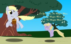  basket blonde_hair container cutie_mark derpy_hooves dinky_hooves_(mlp) duo english_text equid equine feathered_wings feathers female feral flying food friendship_is_magic grey_body grey_feathers hair hasbro hopping horn long_hair looking_back mammal muffin my_little_pony mythological_creature mythological_equine mythology pegasus quadruped short_hair singing skipping tail text unicorn unknown_artist wings young young_female young_feral 