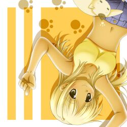  armpits blonde_hair breasts cleavage commentary_request denim feline female hidamari_sketch long_hair medium_breasts miyako_(hidamari_sketch) nashigami_tsubute navel paw_print photoshop_(medium) smile solo sports_bra tan upside-down 