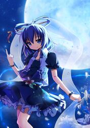  bad_id bad_pixiv_id blue_eyes blue_hair blue_theme bracelet bud dress female flower full_moon hair_ornament hair_ribbon hair_rings hair_stick huge_moon index_finger_raised jewelry kaku_seiga lily_(flower) medium_hair moon night no_nose petticoat pf photoshop_(medium) ribbon shawl smile solo touhou white_flower white_lily 