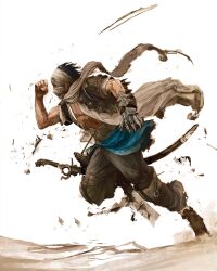  1boy alternate_costume black_hair covered_face gauntlets head_scarf male_focus muscular official_art paint.net_(medium) prince_(2008) prince_of_persia prince_of_persia_(2008) running scabbard scarf scarf_over_mouth sheath sheathed solo sword weapon 