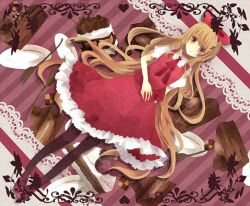  alice_(alice_in_wonderland) alice_in_wonderland bad_id bad_pixiv_id bow brown_hair cake chocolate chocolate_cake dress dutch_angle female food food-themed_background hairbow long_hair mary_janes neck_ribbon pantyhose red_eyes ribbon shoes solo tapa very_long_hair 