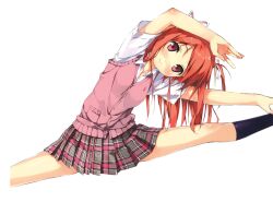  absurdres black_socks blush female hair_ribbon head_tilt highres kantoku kurumi_(kantoku) long_hair looking_at_viewer original plaid plaid_skirt pleated_skirt red_eyes red_hair ribbon scan scan_artifacts school_uniform short_sleeves simple_background skirt smile socks solo split straddle_split stretching sweater_vest white_background 