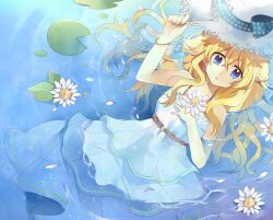  blonde_hair blue_eyes bow bracelet chocho_(homelessfox) commentary_request dress female flower hand_on_own_chest hat jewelry lily_pad long_hair lying on_back original partially_submerged petals photoshop_(medium) ribbon solo sun_hat water 