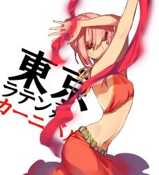  armpits arms_up commentary_request female hands hebino_rai long_hair midriff navel nekomura_iroha pink_hair red_eyes solo vocaloid 