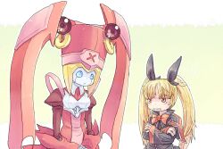  2girls android angry blazblue blonde_hair blue_eyes bow breast_envy citolo clenched_teeth commentary_request crossed_arms gununu_(meme) hairbow hat height_difference ignis_(blazblue) long_hair meme multiple_girls pink_hat rachel_alucard red_bow red_eyes ribbon robot_ears shawl short_hair teeth twintails 