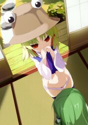  2girls bad_id bad_pixiv_id black_legwear blonde_hair bow bow_panties clothes_lift green_hair groin highres kochiya_sanae moriya_suwako multiple_girls navel no_pants orange_eyes panties petite red_eyes shimejinameko shirt_lift tatami thighhighs touhou underwear underwear_only white_hair white_panties 