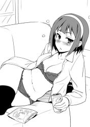  blush breasts can cleavage drunk female greyscale hairband idolmaster idolmaster_(classic) inue_shinsuke lying medium_breasts mole mole_under_mouth monochrome no_pants on_side open_clothes open_mouth open_shirt otonashi_kotori shirt short_hair solo thighhighs unbuttoned 