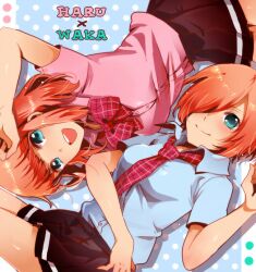  2girls bad_id bad_pixiv_id blue_eyes blush bow hair_over_one_eye haruna_(haruwaka) haruwaka lying masaki_(celesta) multiple_girls necktie orange_hair short_hair skirt smile wakana_(haruwaka) 