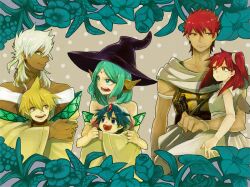  2girls 4boys aladdin_(magi) ali_baba_saluja bare_shoulders blonde_hair blue_eyes blue_hair chains commentary_request green_eyes green_hair hat hug jewelry magi_the_labyrinth_of_magic masrur mero_(omigurax) morgiana multiple_boys multiple_girls one_side_up red_hair sharrkan short_hair smile turban white_hair witch_hat yamuraiha 