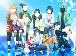  aburame_shino akamaru akamaru_(naruto) akimichi_chouji black_hair blonde_hair blue_sky brown_hair byakugan canine closed_eyes clouds facial_mark glasses group happy hyuuga_hinata ino_yamanaka inuzuka_kiba long_hair nara_shikamaru naruto peek-a-boo_bang pink_hair ponytail pumasaku sai sakura_haruno short_hair sitting sky smile spiky_hair tattoo uchiha_sasuke uzumaki_naruto water whiskers 