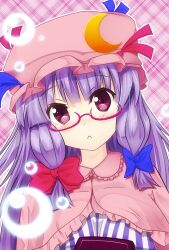  :&lt; bespectacled bubble commentary_request crescent female glasses hat momoda_yasuhito patchouli_knowledge purple_eyes purple_hair solo touhou 