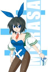  animal_ears bad_id bad_pixiv_id black_hair blue_eyes detached_collar eku female hat highres murasa_minamitsu necktie pantyhose photoshop_(medium) playboy_bunny rabbit_ears sailor sailor_hat short_hair solo tongue touhou undressing wrist_cuffs 