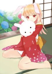  animal_ears bare_shoulders blonde_hair commentary_request female flower hugging_doll hugging_object hydrangea kurasawa_moko long_hair off_shoulder original photoshop_(medium) rabbit_ears red_eyes sitting solo stuffed_animal stuffed_rabbit stuffed_toy wariza 