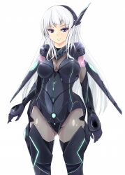  armor black_armor black_gloves black_legwear bodysuit colored_eyelashes gloves headgear highres long_hair mecha_musume original pantyhose purple_eyes robot_ears smile solo sukesan thighhighs thighs white_hair 