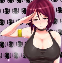  armlet bare_shoulders blush breasts check_commentary choker cleavage collarbone commentary commentary_request dripping earrings female highres hot jewelry large_breasts lips okyou purple_eyes purple_hair salute shiny_skin shirt short_hair solo sweat tank_top taut_clothes taut_shirt the_king_of_fighters translated whip_(kof) 