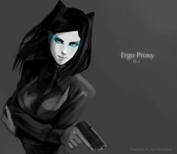  ami_thompson bad_id bad_pixiv_id black_hair blue_eyes ergo_proxy eyeshadow female goth_fashion gun highres makeup photoshop_(medium) re-l_mayer solo weapon 