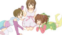  3girls :d :o ;d ^_^ all_fours blush bow brown_eyes brown_hair closed_eyes collarbone courreges_ace dress drill_hair frog futami_mami hagiwara_yukiho hood hoodie idolmaster idolmaster_(classic) lying multiple_girls on_stomach one_eye_closed open_mouth shorts simple_background sitting smile takatsuki_yayoi thighhighs twin_drills twintails wariza white_legwear 