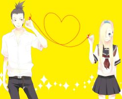  black_hair blonde_hair blue_eyes hair_over_one_eye ino_yamanaka long_hair nara_shikamaru naruto ponytail red_string red_string_of_fate school_uniform skirt smile standing string yoshizuna 