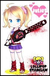  &gt;:) aya_tokachi belt blonde_hair blood blue_eyes blush chainsaw cheerleader chibi clothes_writing female female grasshopper_manufacture juliet_starling juliet_sterling leg_warmers logo lollipop_chainsaw long_hair midriff miniskirt scrunchie shoes skirt smile sneakers solo thighhighs twintails uniform white_legwear wristband 