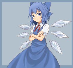  bad_id bad_pixiv_id blue_bow blue_dress blue_eyes blue_hair bow cirno closed_mouth collared_shirt crossed_arms detached_wings dress female goro hair_ribbon hairbow ice ice_wings looking_at_viewer neck_ribbon pinafore_dress puffy_short_sleeves puffy_sleeves red_ribbon ribbon shirt short_hair short_sleeves sleeveless sleeveless_dress smile solo touhou white_shirt wings 