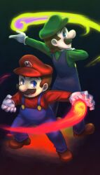  2boys blue_eyes brothers facial_hair fire fireball gloves hat luigi mario mario_(series) moustache multiple_boys nintendo overalls saiha siblings super_mario_bros. 