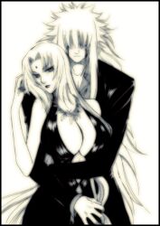  breasts cleavage dress facial_mark forehead_mark hug hug_from_behind jewelry jiraiya long_hair monochrome naruto necklace pii_(xpxpxpxp) tsunade 