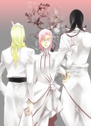  3boys arrancar black_hair bleach blonde_hair espada glasses hand_holding male male_focus multiple_boys nnoitra_gilga pink_hair szayel_aporro_grantz szayelaporro_granz usa_(blue-systema) yellow_eyes yylfordt_granz 